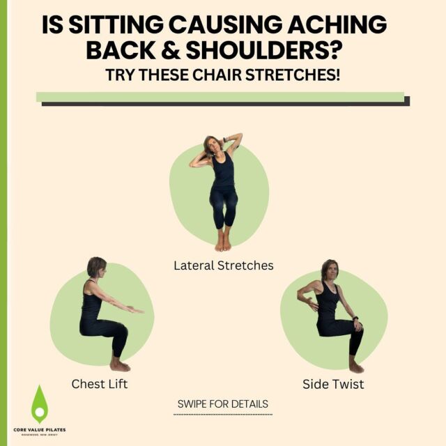 Back and shoulder hurting from sitting too long? 

If you are stuck there, make the most of your time! Try these three great stretches you can do in a few minutes right at your desk. 

For each, don’t forget to:

1- Lift through your torso as though someone is pulling your hair up to the ceiling
2- Pull belly in so your back doesn’t arch
3- Keep your shoulders reaching down your back

What are your favorite ways to break up hours of sitting?

#posture #posturecorrection #fixyourposture #pilates #workout #chairworkout #fit